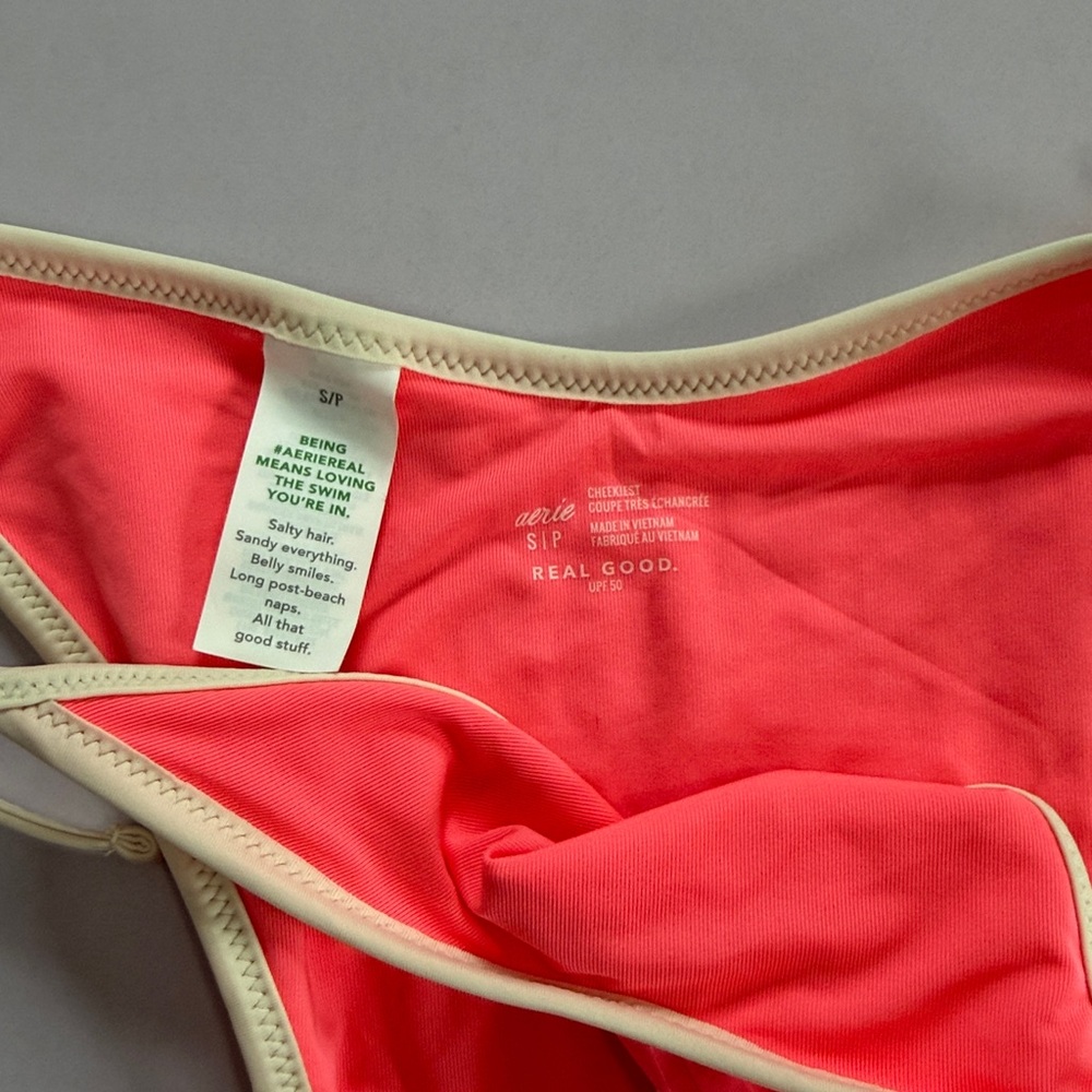 aerie Ribbed High-Rise Bikini Bottom - Pink with Cream Trim - Picture 4 of 5